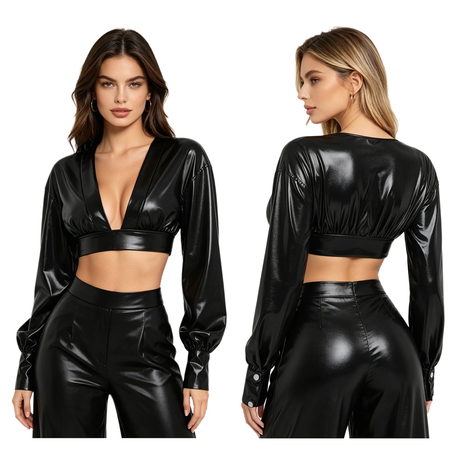 Womens Y2K Metallic Shiny Hip Hop Crop Top Deep V Neck Balloon Long Sleeve Button Cuffs Blouses Tops Disco Party Rock Clubwear