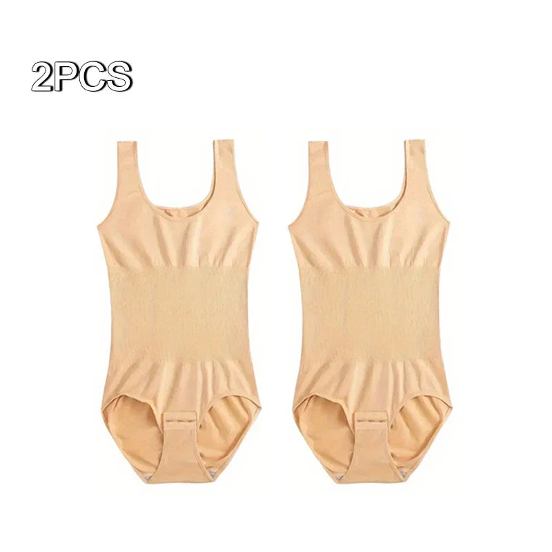 2pcs Body Shapewear For Women Seamless Solid Shaping Full Bodysuit Crew Neck Tummy Control Breathable Body Shaper Underwear