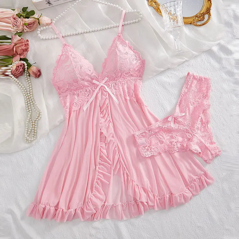 Women Lace Lingerie Set Transparent Babydoll Nightdress with Panty Sexy Lace Sleepwear Nightwear Pajamas Set for Women