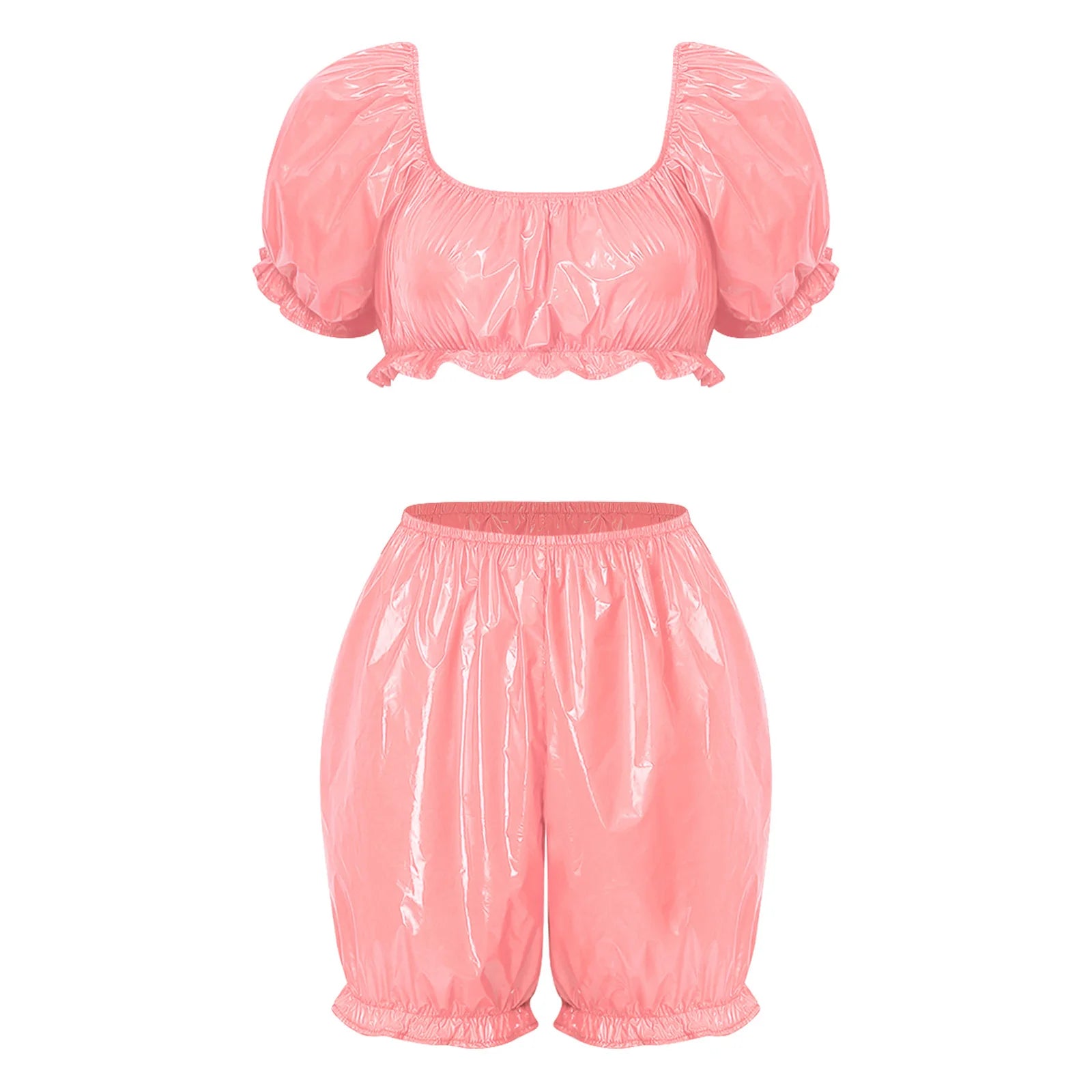 Women Nursing Homewear Sets Waterproof Vinyl Diaper Adaptive Ruffled Pajamas Short Puff Sleeve Crop Top Bloomers Shorts Outfits