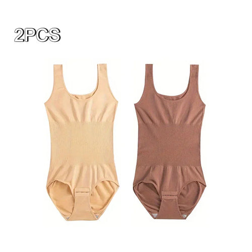 2pcs Body Shapewear For Women Seamless Solid Shaping Full Bodysuit Crew Neck Tummy Control Breathable Body Shaper Underwear