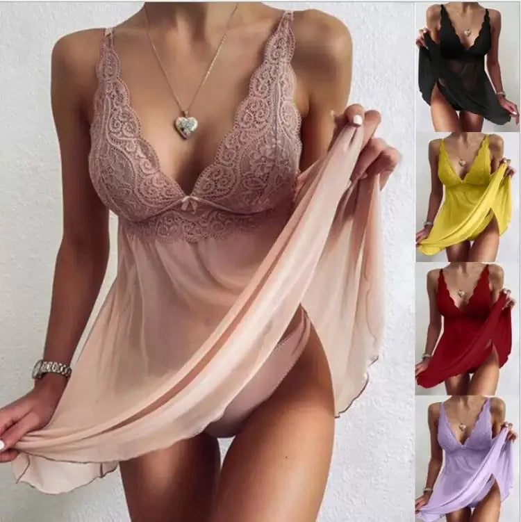 Sexy Lingerie Dress Women Lace Mesh See Through Nightdress Solid Slim V Neck Slip Sleepwear Summer Hot Nightgown Night Shirts