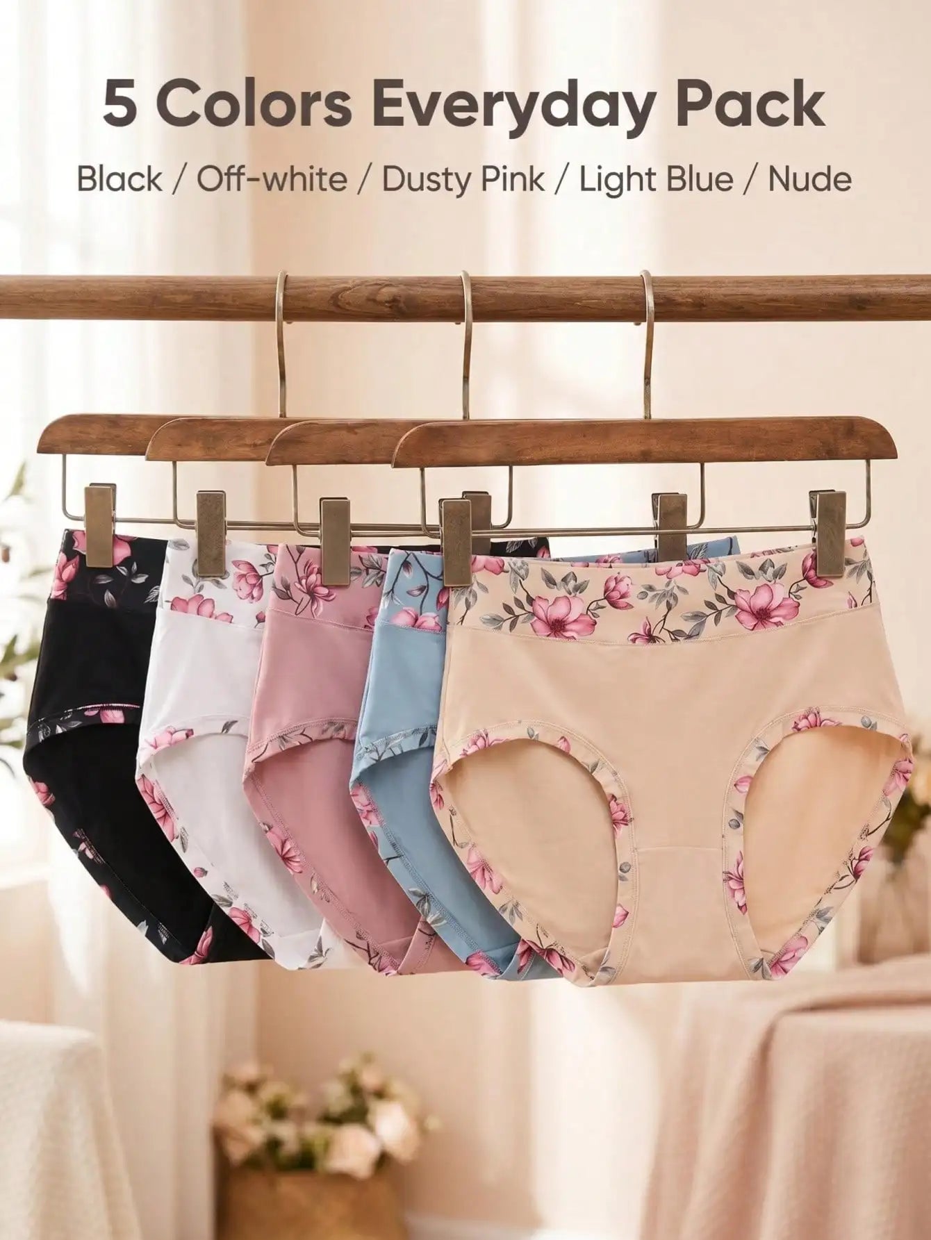 5PCS Plus Size Women's Flower Print Panties, Mid Waist Full Coverage Briefs Set, Soft Fashion Underwear sets,Summer Daily Wear,