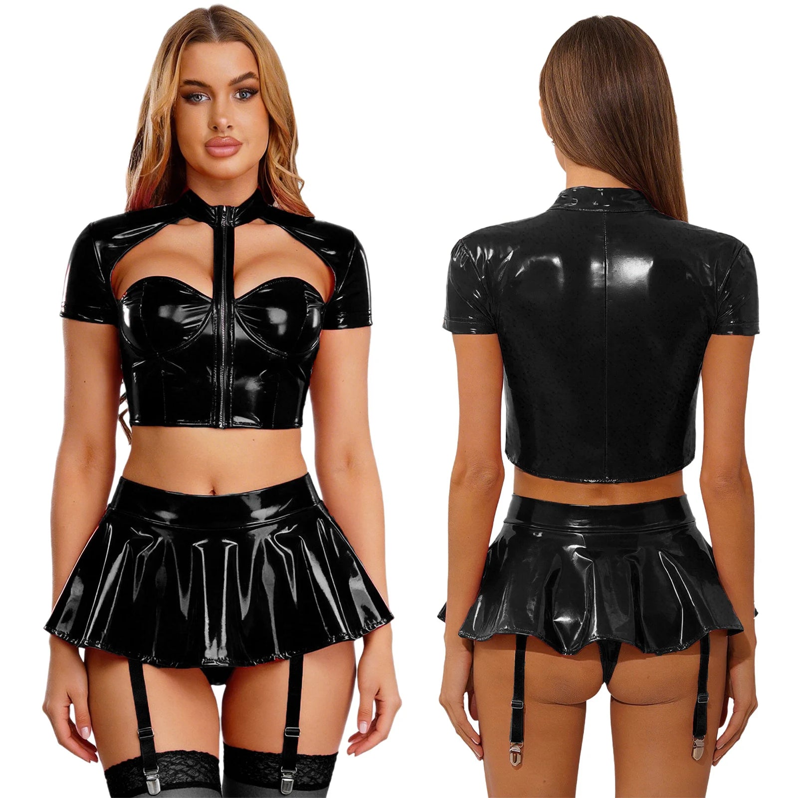 Womens Sexy Lingerie PU Leather Push-up Underwire Cutout Short Sleeve Crop Top And Thongs Miniskirt for Raves Pole Dance