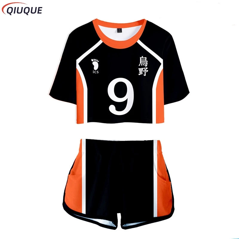 Karasuno Koukou Cosplay Costume Summer Girls Cheerleading Uniform Women Anime Crop Top Short-sleeved T-shirt Shorts