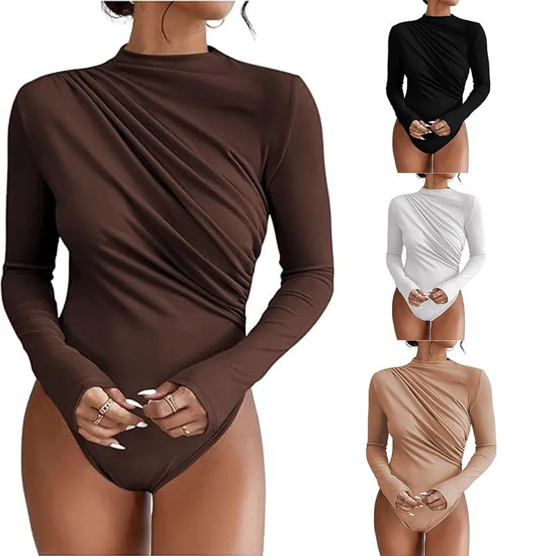 Hot Lingerie Jumpsuit Draped Front Romper Women's Body Lingerie Long Sleeve Bodysuit Minimalist Monochrome Solid Color