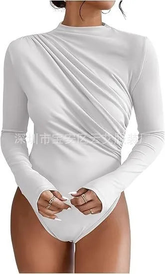 Hot Lingerie Jumpsuit Draped Front Romper Women's Body Lingerie Long Sleeve Bodysuit Minimalist Monochrome Solid Color