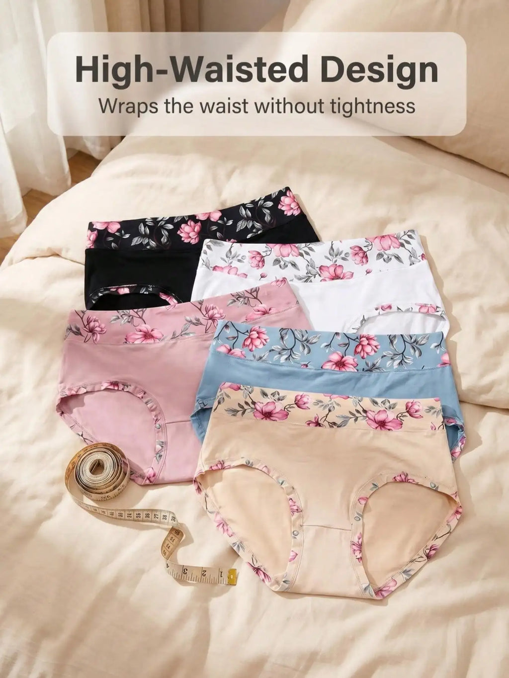 5PCS Plus Size Women's Flower Print Panties, Mid Waist Full Coverage Briefs Set, Soft Fashion Underwear sets,Summer Daily Wear,