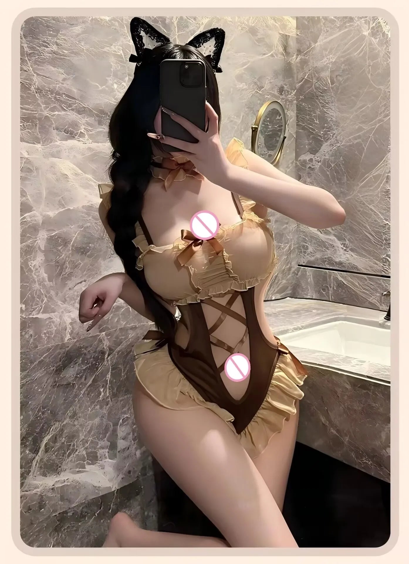 Pajamas Skirt Maid Ruffled Mesh Bodysuit Bowknot Open Crotch Bow Mesh Sheer Jumpsuit Strap Maid Uniform Slim Fit Women Lingerie
