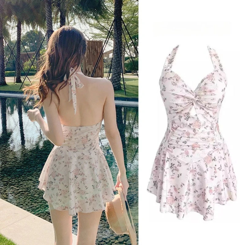 Hot spring swimsuit, women's fashion thin and meat-covering dress, conservative waist swimsuit