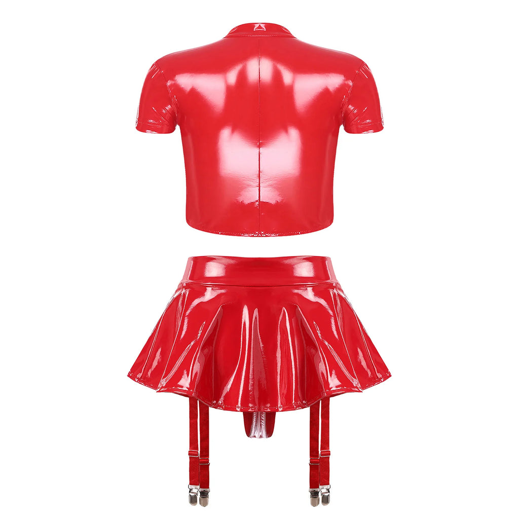Womens Sexy Lingerie PU Leather Push-up Underwire Cutout Short Sleeve Crop Top And Thongs Miniskirt for Raves Pole Dance