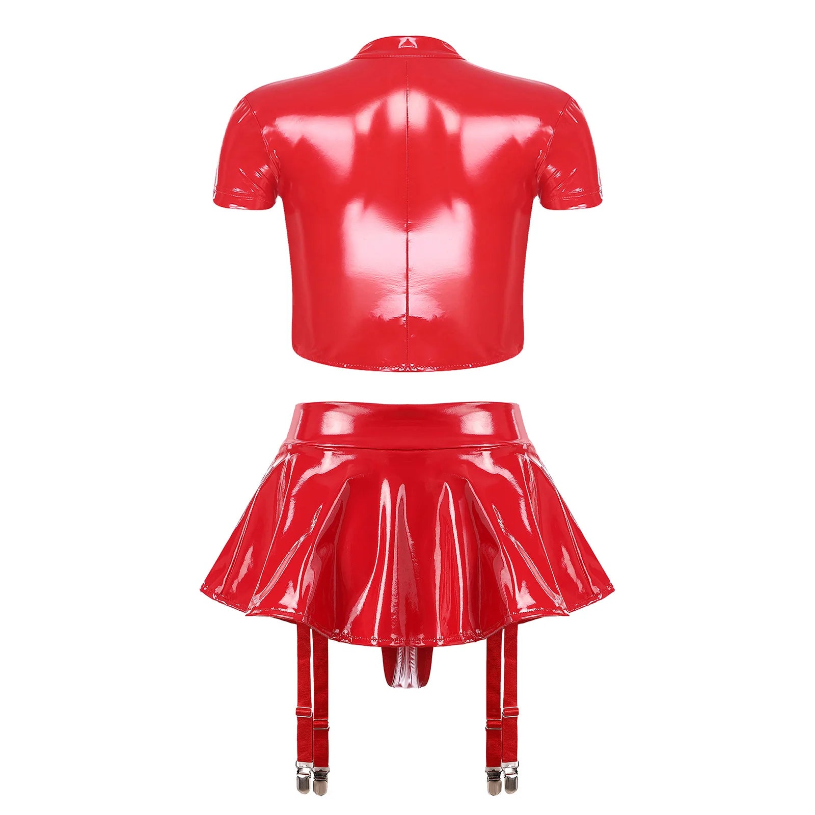 Womens Sexy Lingerie PU Leather Push-up Underwire Cutout Short Sleeve Crop Top And Thongs Miniskirt for Raves Pole Dance
