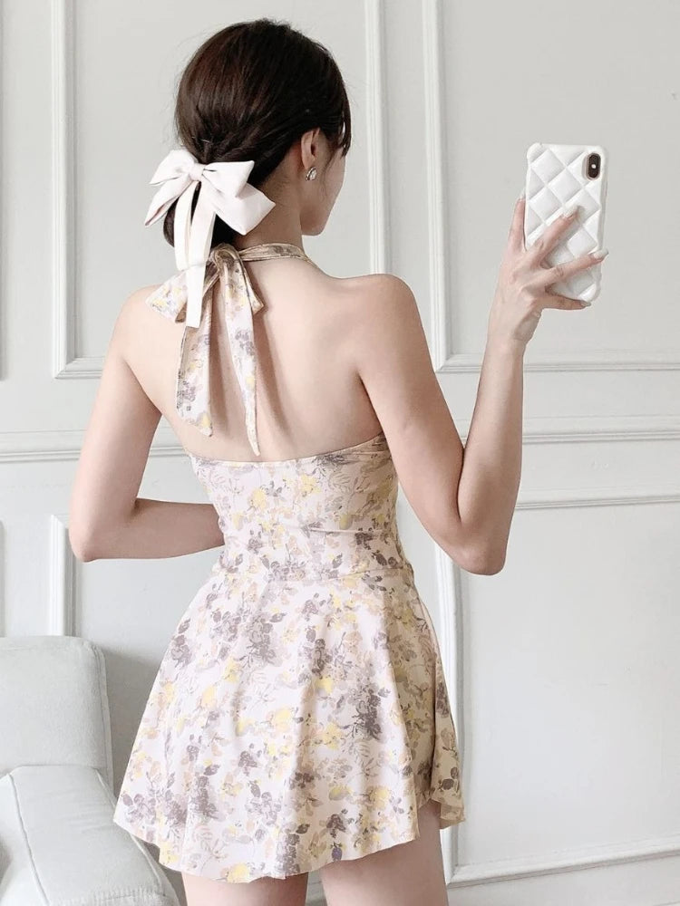 New Summer Floral Print Monokini Women Sexy Halter Dress Style Swimsuit Beach Vacation Bathing Suit