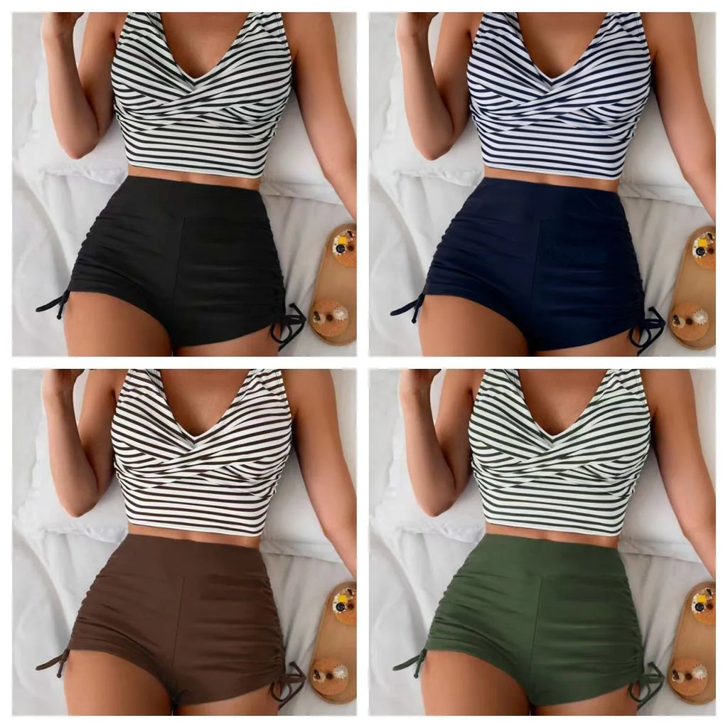 Women Swimwear Bikini Crop Top High Waist Shorts Bikinis Striped Top Swimsuit Cross Back Two Piece Swimsuit Woman Bathing Suit