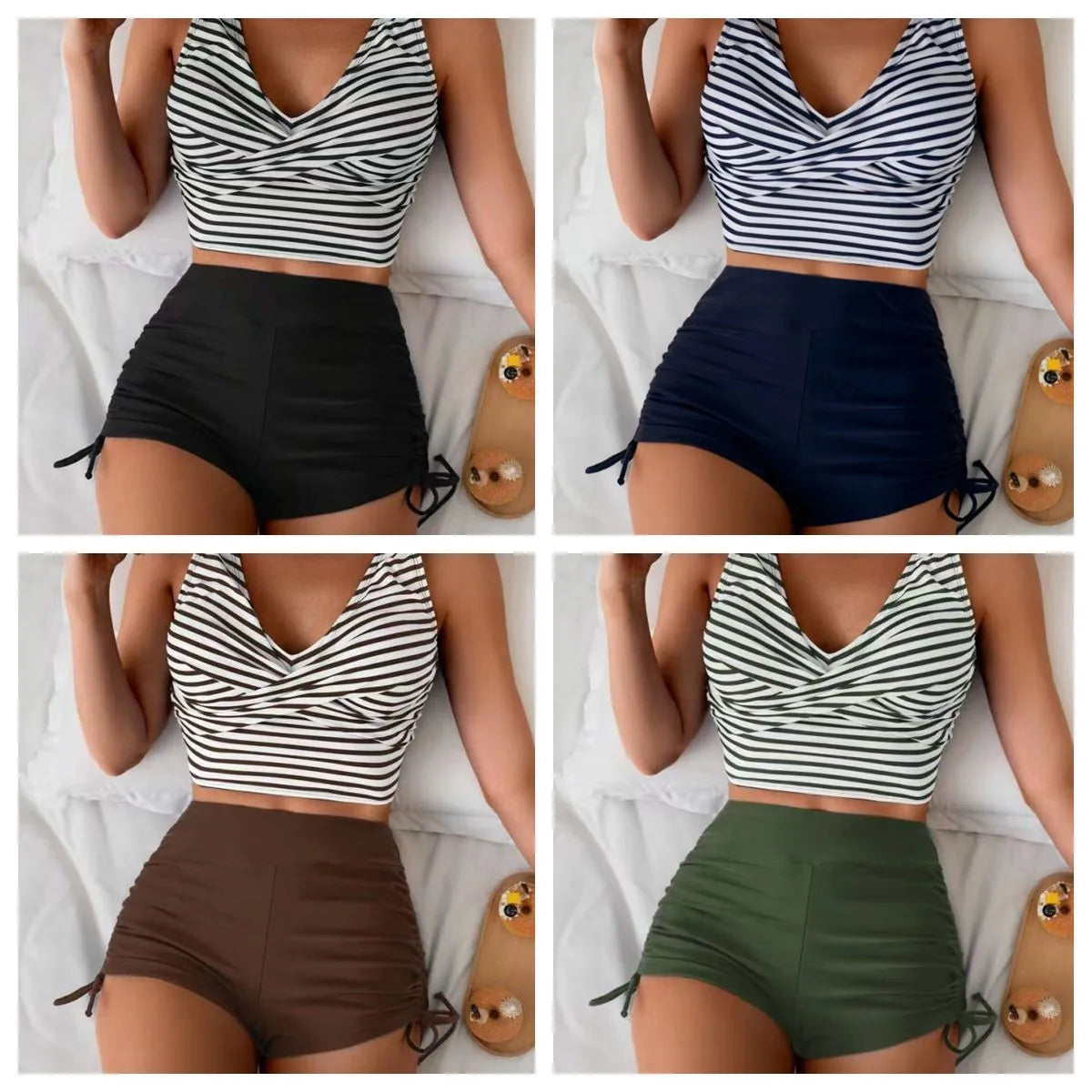 Women Swimwear Bikini Crop Top High Waist Shorts Bikinis Striped Top Swimsuit Cross Back Two Piece Swimsuit Woman Bathing Suit