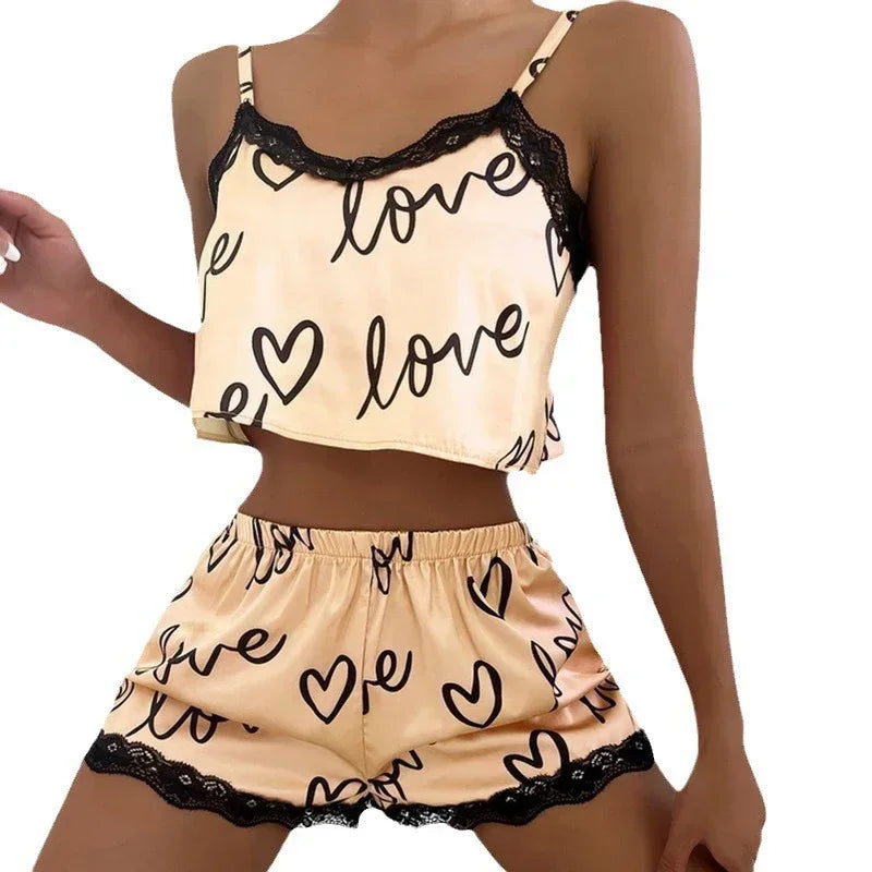 Women'S Pajama Shorts Suit Homewear Print Underwear Pijama Sexy Lingerie Camisoles Tanks Nighty Ladies Sleepwear