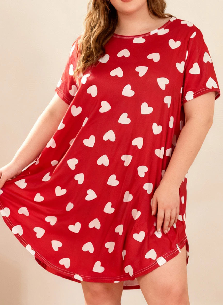 Plus Size Women's Spring Summer Heart Print Short Sleeve Round Neck Nightgown Dress