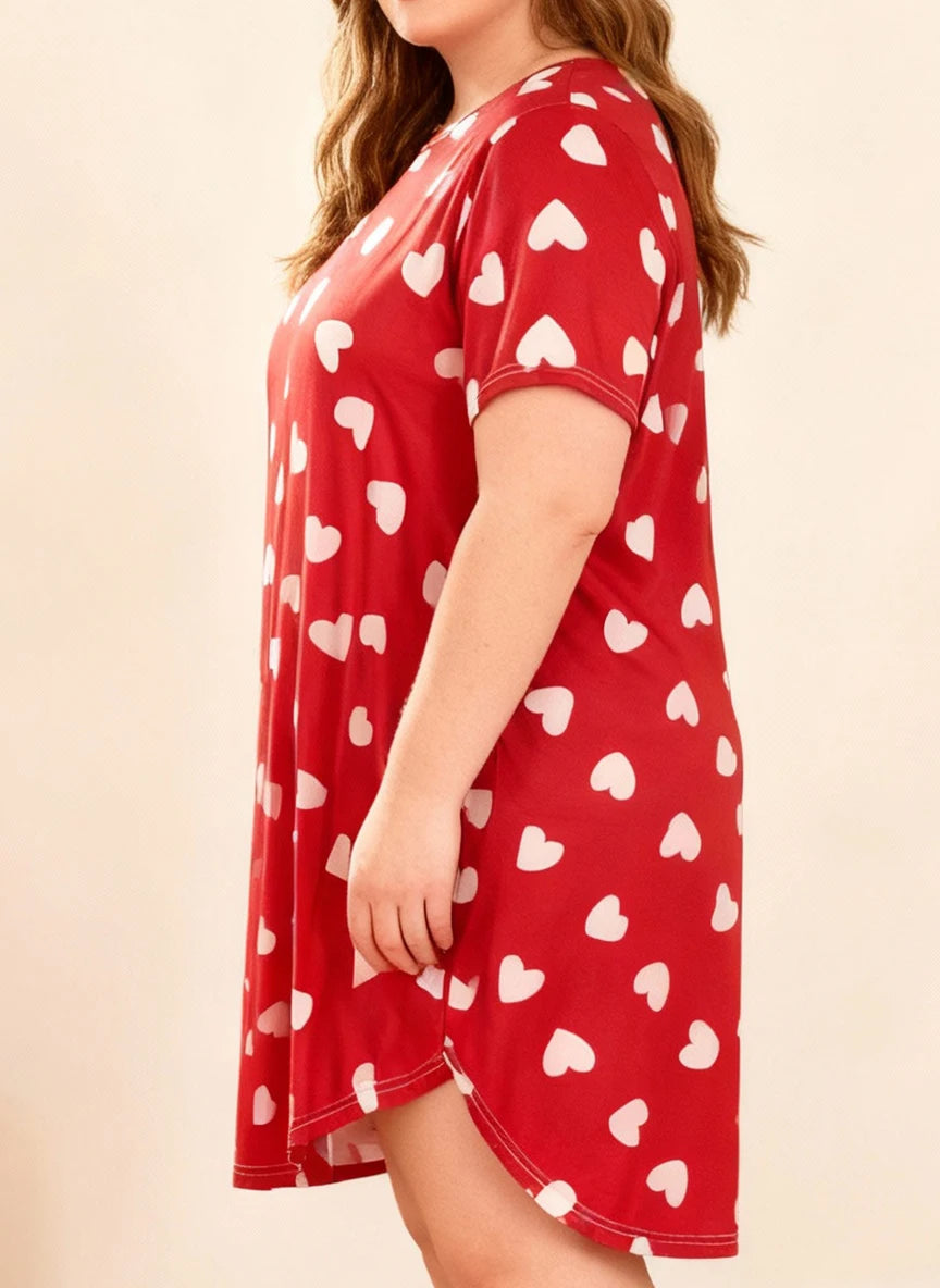 Plus Size Women's Spring Summer Heart Print Short Sleeve Round Neck Nightgown Dress
