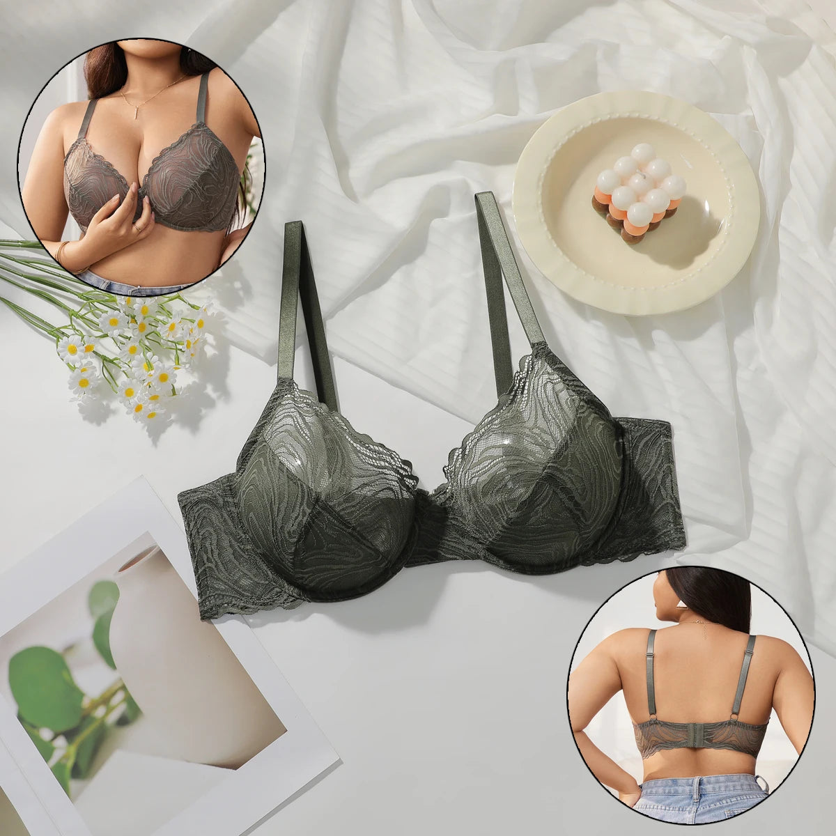 Plus Size Dark Green Bras with Underwire No Paddin Women Large Bust Support Unlined Bra Big Cup Lingerie Everyday Wear