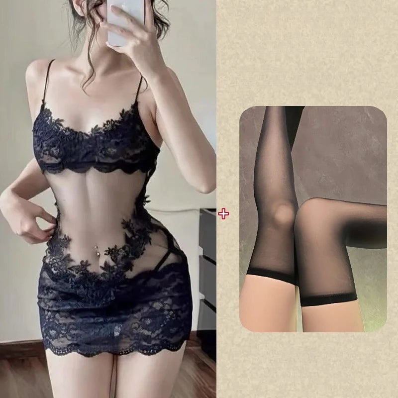 Sexy Lace Chemise Nightgown Women Sheer Mesh Babydoll Sleepwear Solid See Through Clubwear Mini Dress Sleepwear Intimates Slip