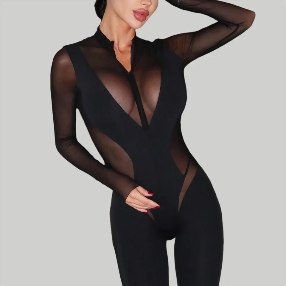 Ellolace Cougar Lingeries Femme Ultra Hot Long Sleeve High Neck Jumpsuit Splicing Pattern Zip-Up Catsuit Slim Shape Chic Outfits