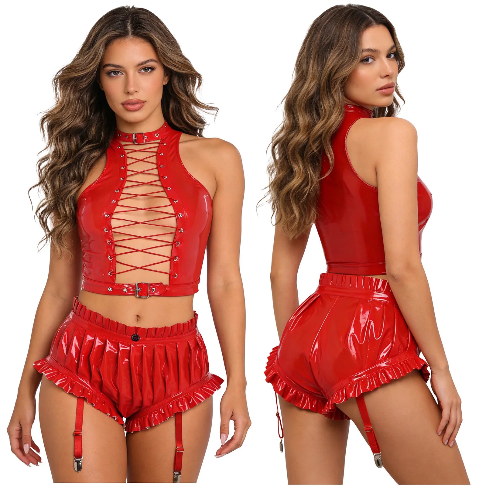 Womens Wet Look PU Leather Clubwear Outfits Cutout Sleeveless Front Eyelet Lace-up Crop Top And Bloomer Shorts with Garter Clips
