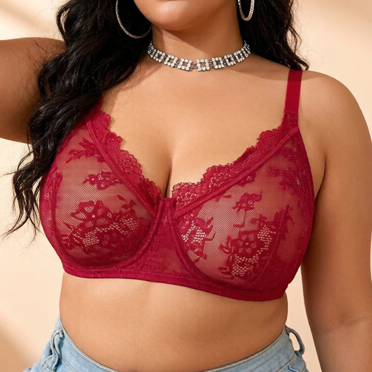 Women Plus Size Red Lace Sheer Bra Underwire Unlined Full Coverage Brassiere Embroidery Mesh See Through Lingerie for Big Bust