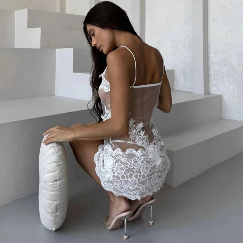 Sexy Lace Chemise Nightgown Women Sheer Mesh Babydoll Sleepwear Solid See Through Clubwear Mini Dress Sleepwear Intimates Slip