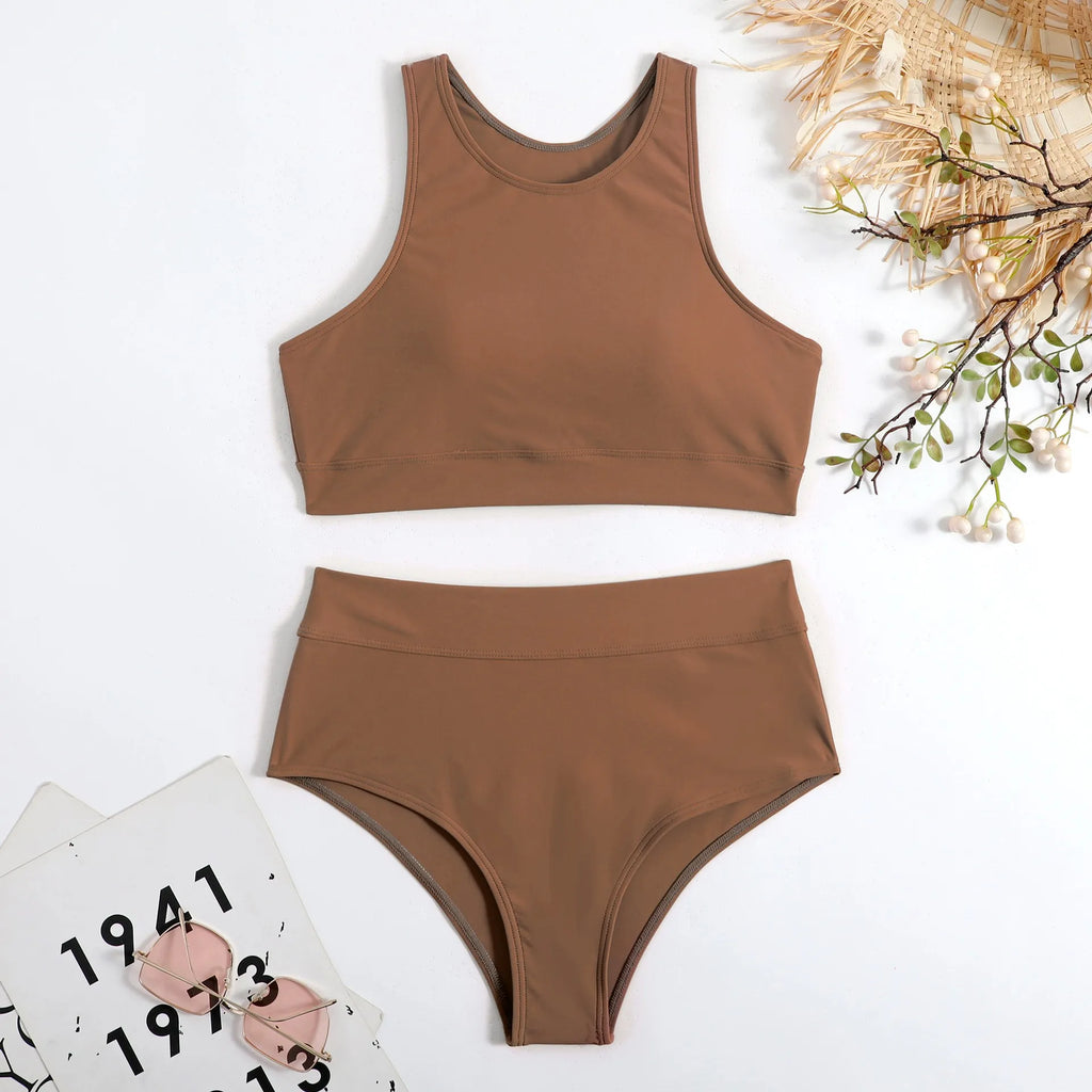 Woman Swimsuits Solid Color Tankini Tropical Print Crop Tankini Top Two Piece Brief Swim Tank High Waist Sporty Bikini Top