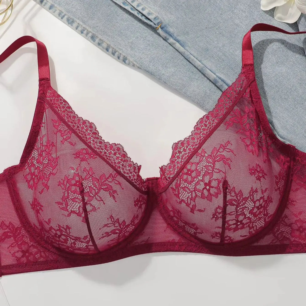 Women Plus Size Red Lace Sheer Bra Underwire Unlined Full Coverage Brassiere Embroidery Mesh See Through Lingerie for Big Bust