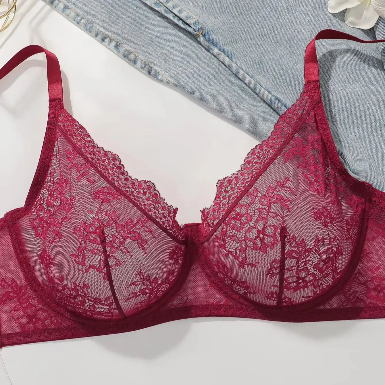 Women Plus Size Red Lace Sheer Bra Underwire Unlined Full Coverage Brassiere Embroidery Mesh See Through Lingerie for Big Bust