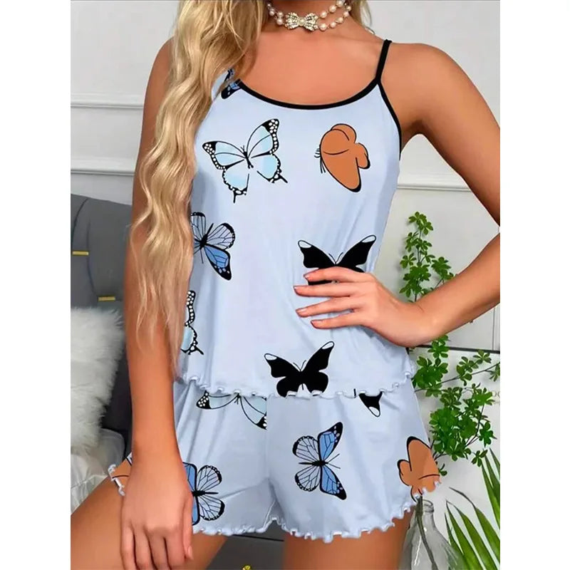 Butterfly Print Pajama Set Lettuce Trim Cami Top  Elastic Waistband Shorts Women  Sleepwear Loungewear