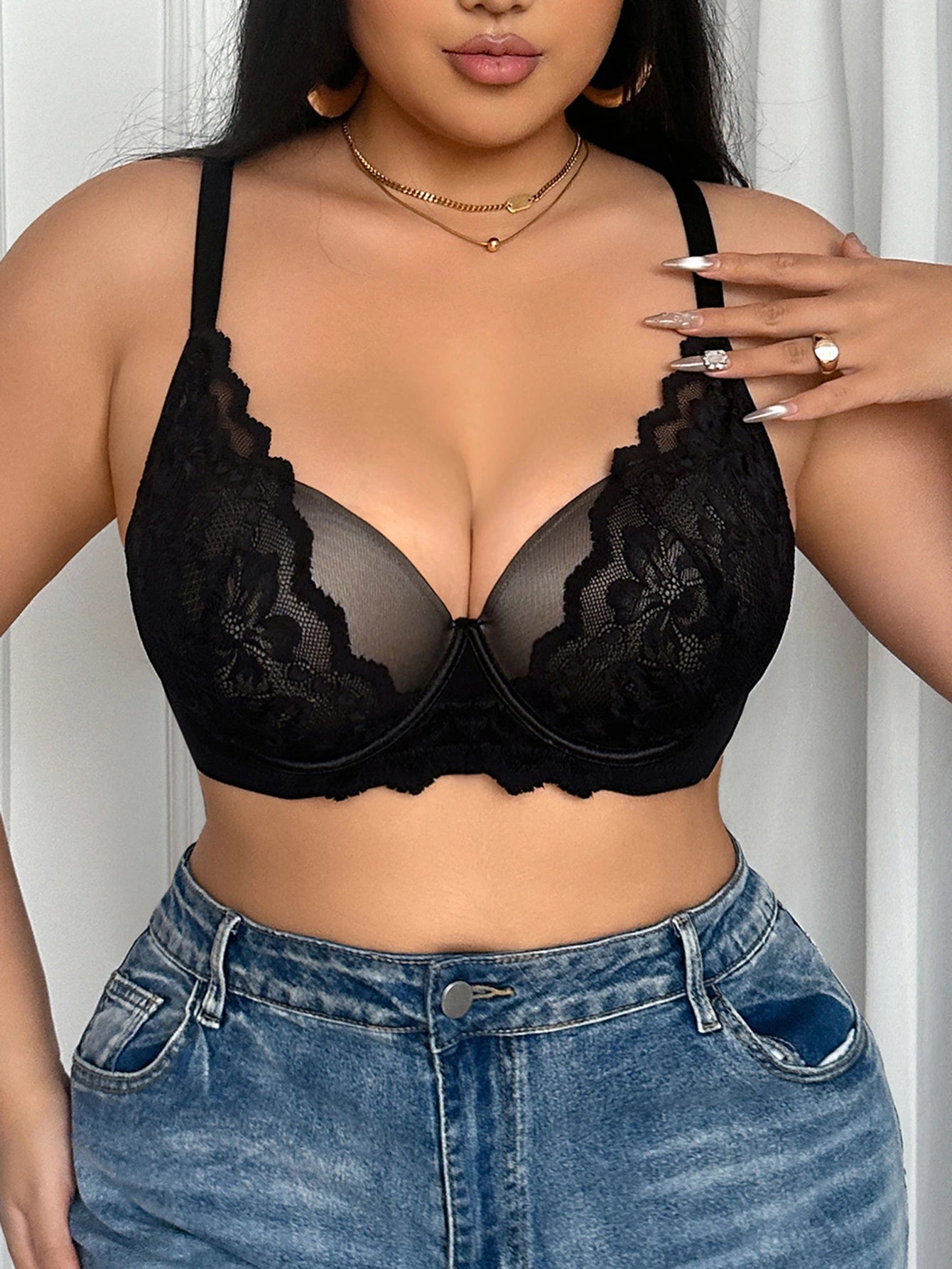 Plus Size Women Bra Floral Lace Side Support Push-Up Bra Comfort Thin Cup Underwire Breathable Mesh Lingerie