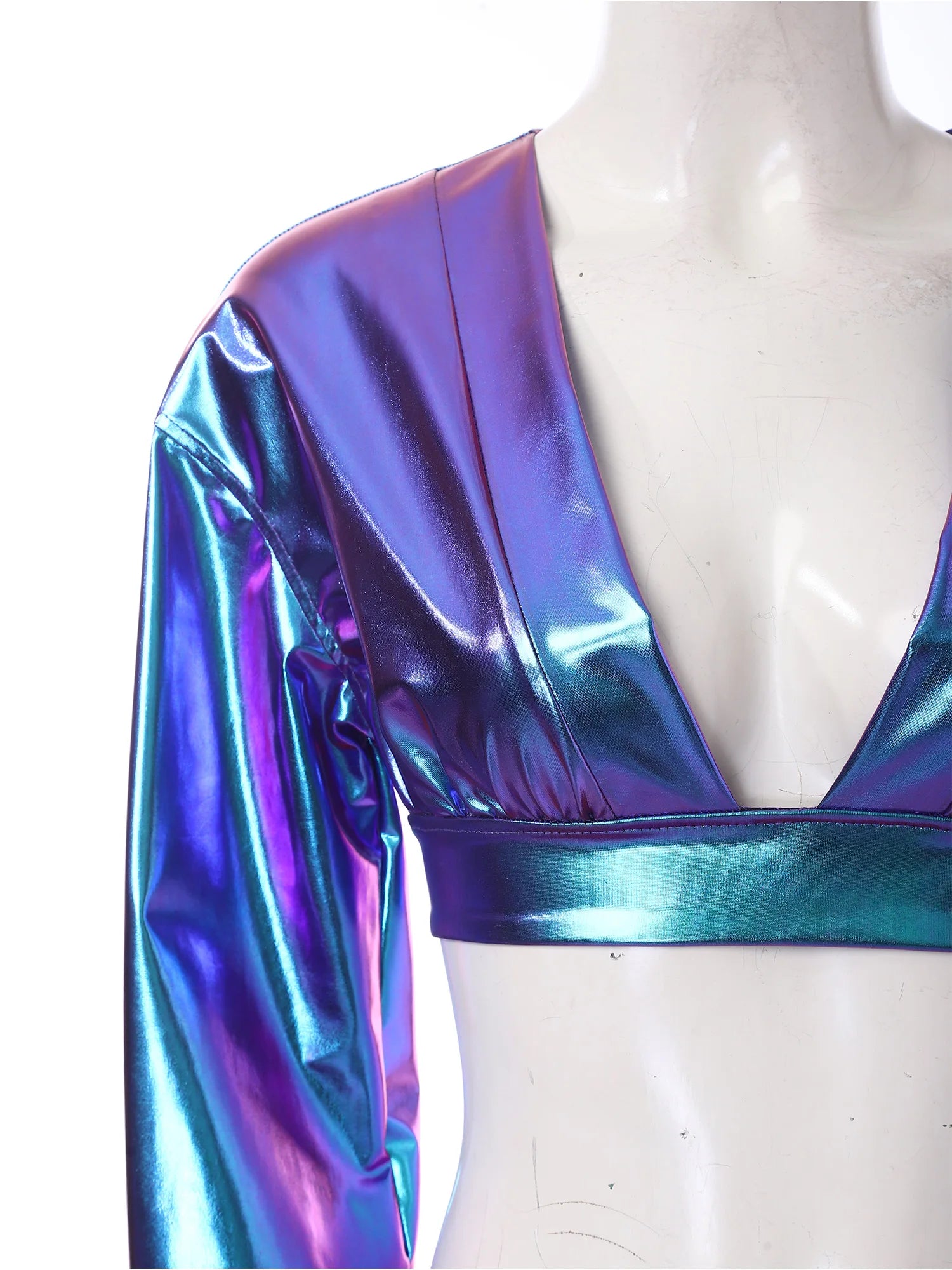 Womens Y2K Metallic Shiny Hip Hop Crop Top Deep V Neck Balloon Long Sleeve Button Cuffs Blouses Tops Disco Party Rock Clubwear