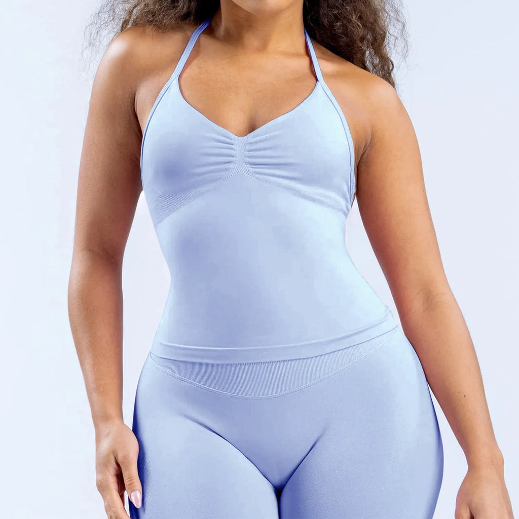 Women's Halter Neck Yoga Tank Top, Front Ruched Seamless Sports Bra Short Top, High-Elastic Soft Nylon Spandex Fitness Wear, Slim-Fit Sleeveless Running Training Fitness Tank Top