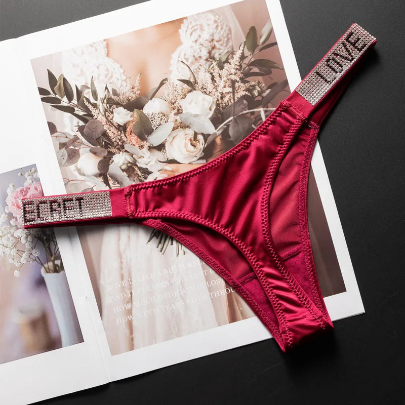 Letter Sexy Panties Women Thongs Rhinestones Diamonds G-string Sports Thong Low Waist Shorts Briefs T-back Fitness S-XL