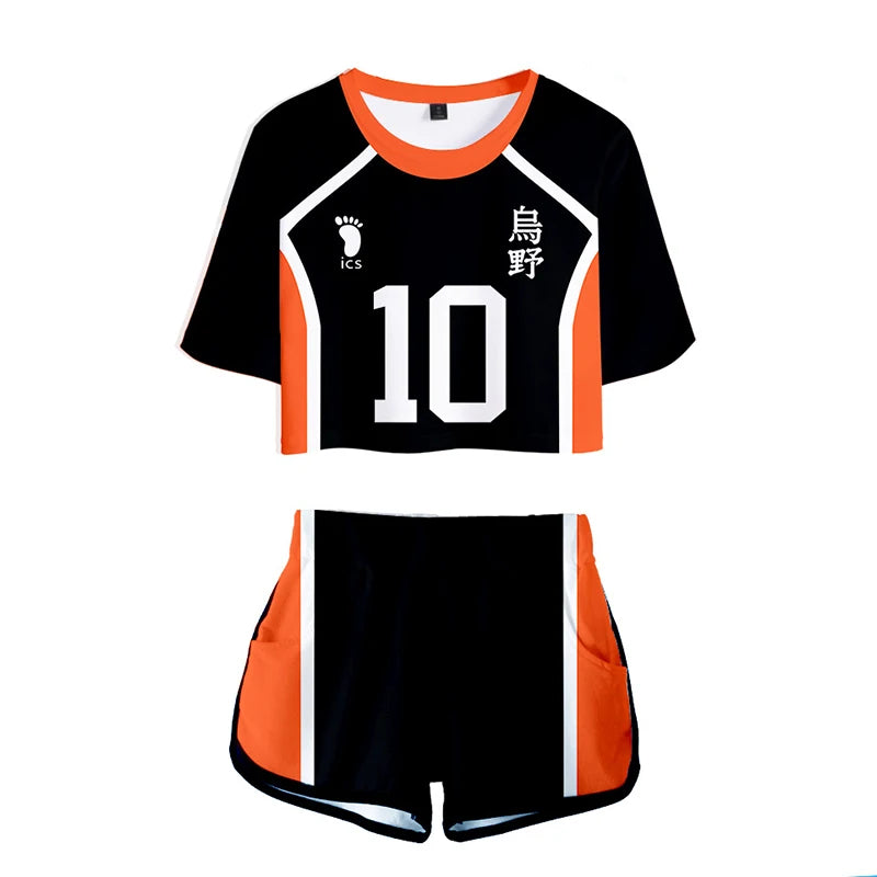 Karasuno Koukou Cosplay Costume Summer Girls Cheerleading Uniform Women Anime Crop Top Short-sleeved T-shirt Shorts