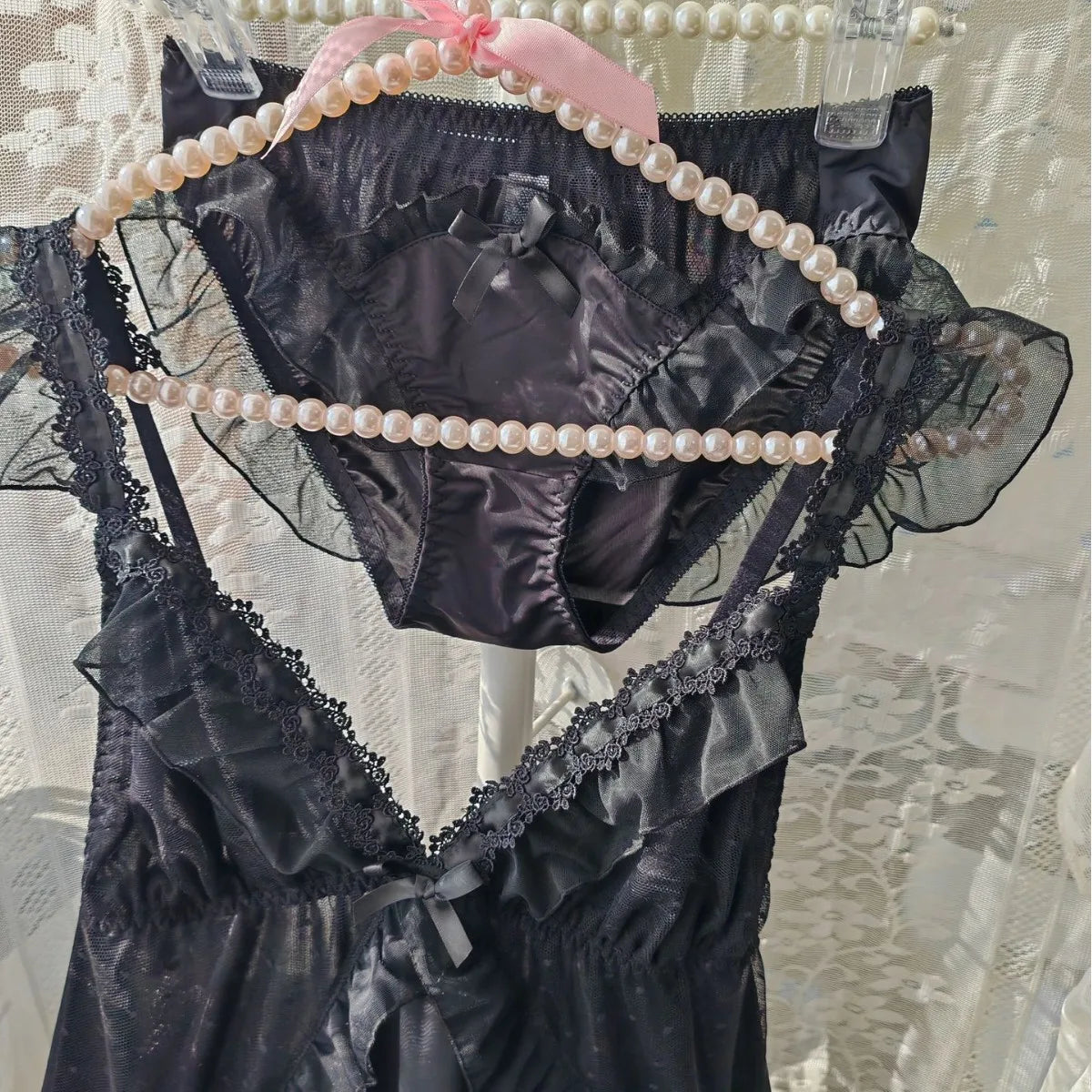 Women Black Ice Silk Nightgown Set Spaghetti Strap Bow Lace Ruffle Sleep Dress With Matching Panties Sexy Lingerie Home Pajamas