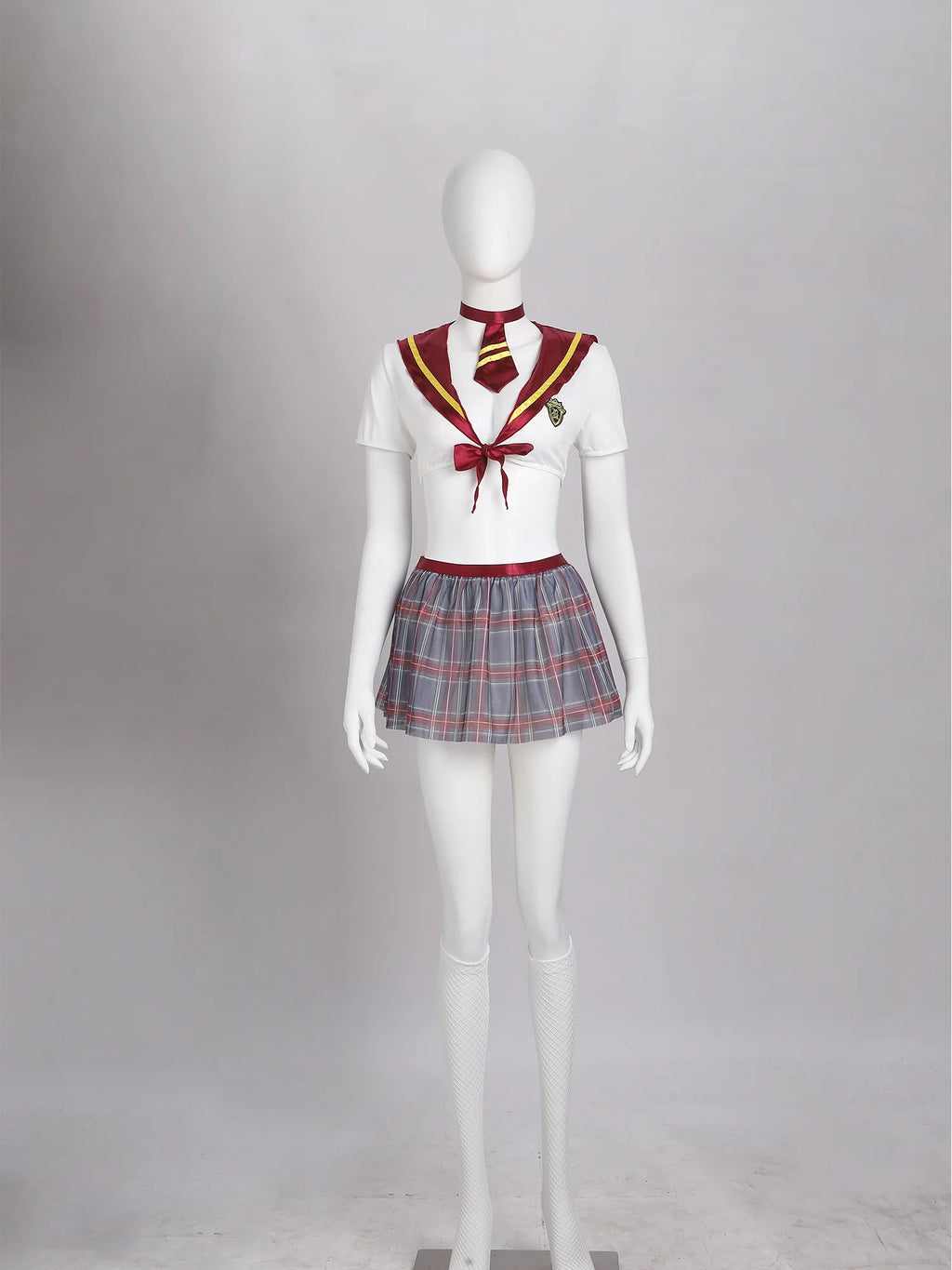 Women Halloween Theme Party Sexy Schoolgirl Cosplay Lingerie Set Crop Top with Necktie Sheer Mini Skirt Thong Fishnet Stockings