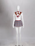 Women Halloween Theme Party Sexy Schoolgirl Cosplay Lingerie Set Crop Top with Necktie Sheer Mini Skirt Thong Fishnet Stockings