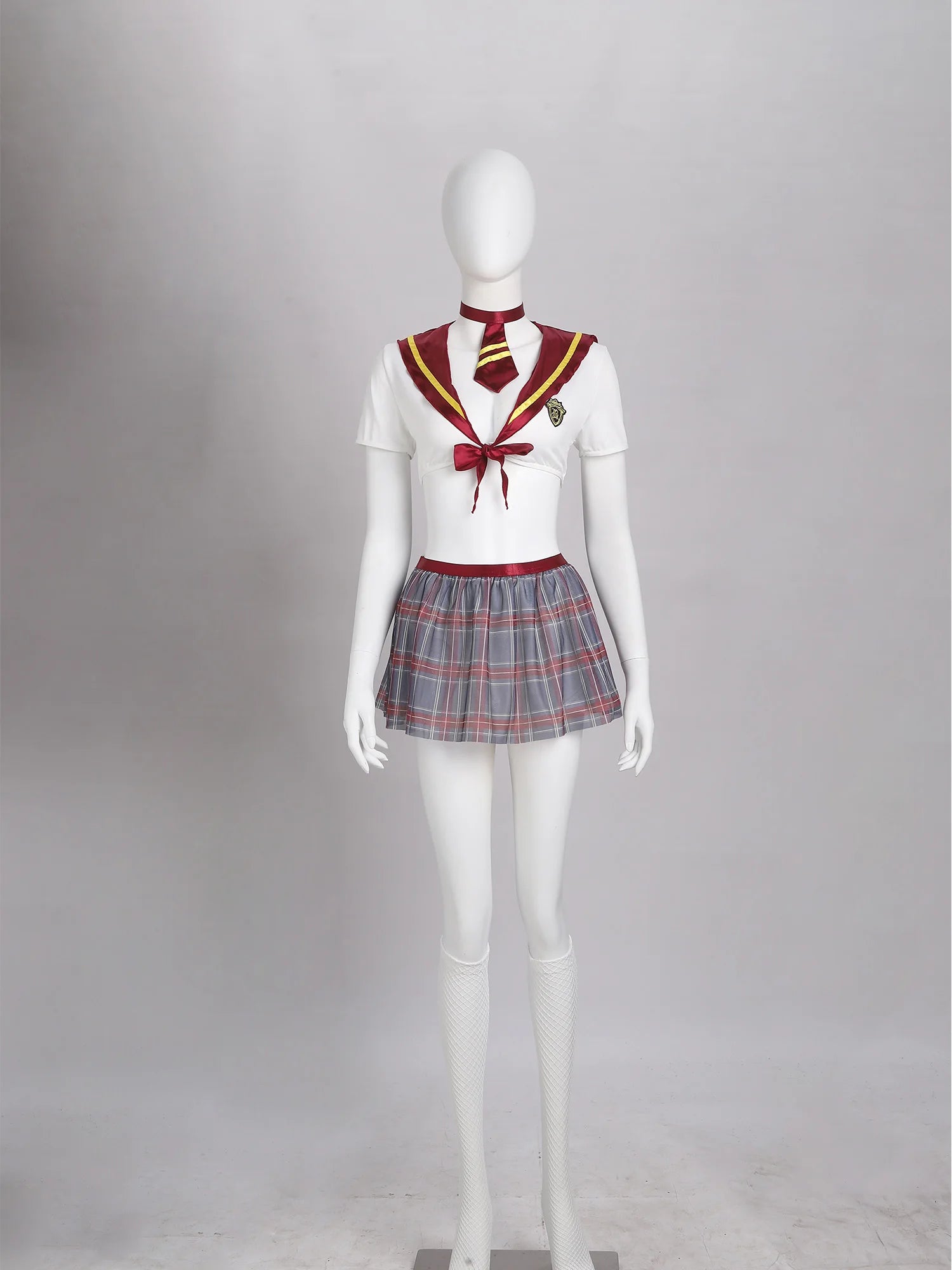 Women Halloween Theme Party Sexy Schoolgirl Cosplay Lingerie Set Crop Top with Necktie Sheer Mini Skirt Thong Fishnet Stockings