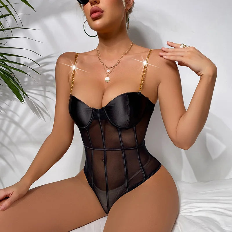 Sexy Lingerie for Women Mesh Erotic Babydoll Bodysuit With Chain Straps Teddy Erotic Dress for Sex Lenceria Costumes