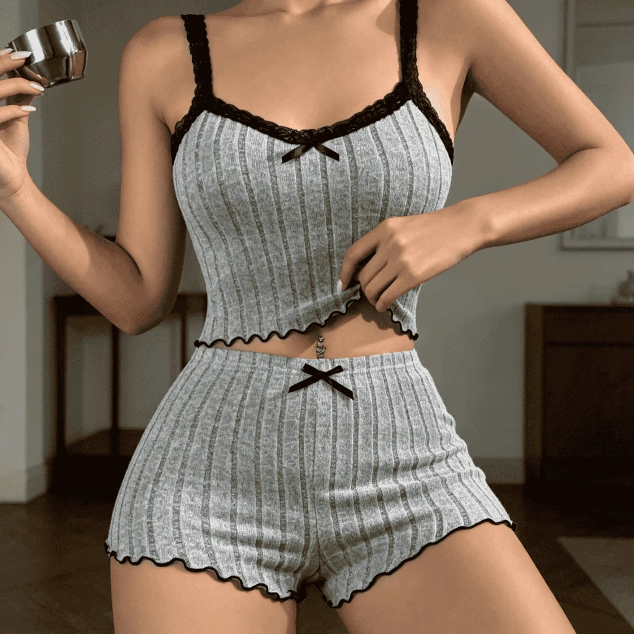 Women Cute Summer Ribbed Knit 2 Piece Pajama Set Lace Trim Bow Cami Crop Top Lettuce Hem Shorts Soft Casual Loungewear Sleepwear