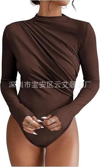 Hot Lingerie Jumpsuit Draped Front Romper Women's Body Lingerie Long Sleeve Bodysuit Minimalist Monochrome Solid Color