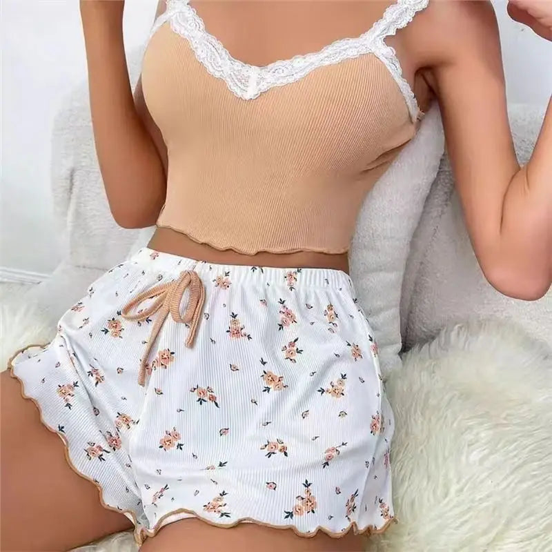 Women's Two-Piece Summer Ribbed Knitted Flower Print Lace Trimmed Camisole Vest and Bow Shorts Sexy Pajama Set