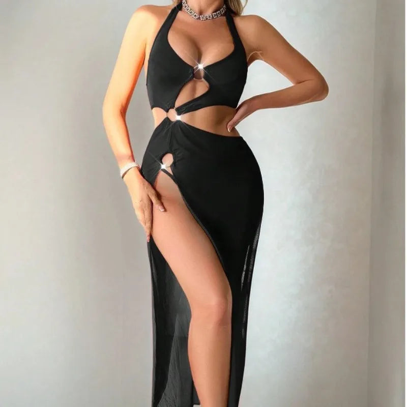 Sexy women's nightgown, swimsuit without back exposure, pure color sexy bikini suit, women's slit long dress.