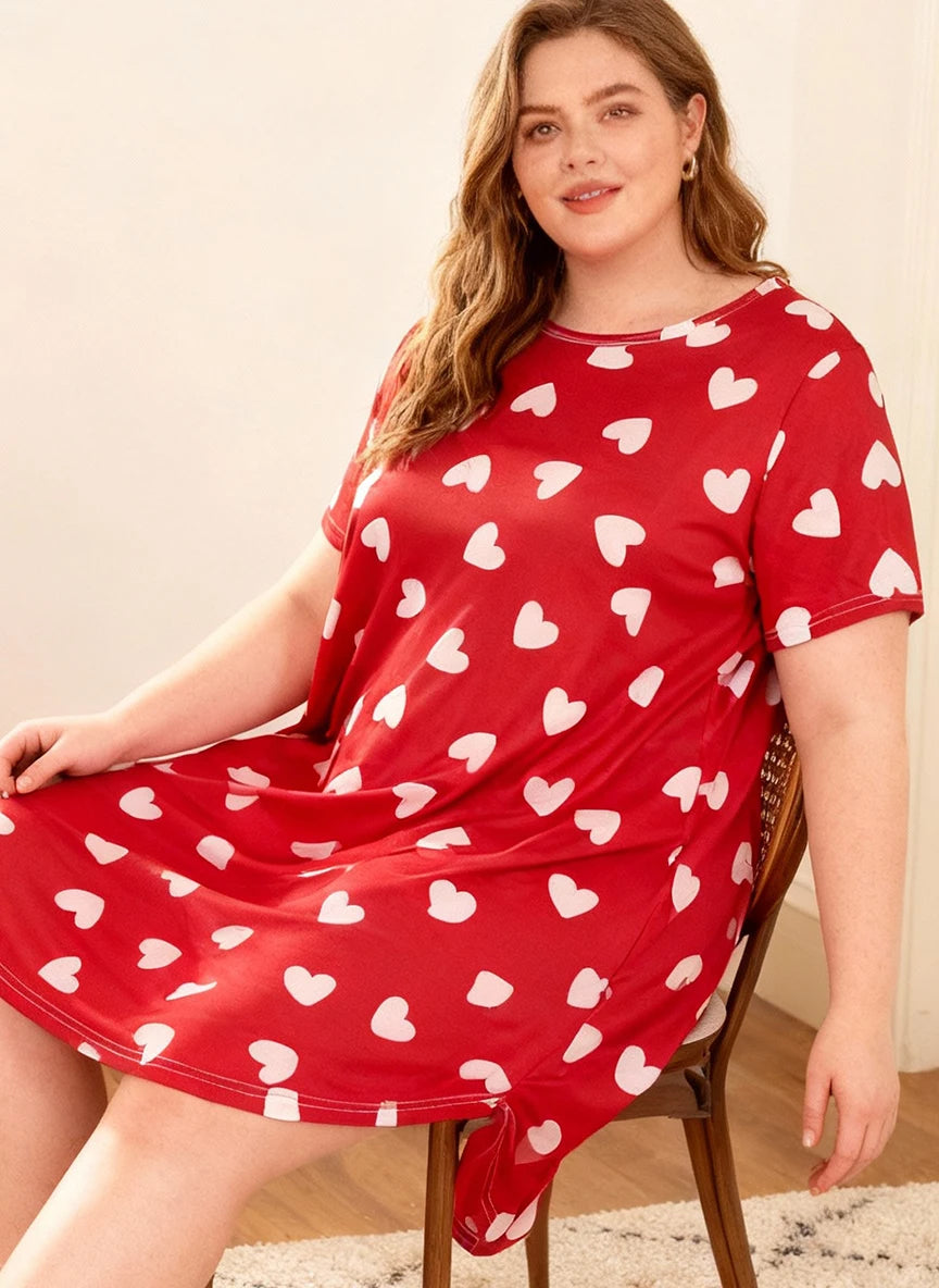 Plus Size Women's Spring Summer Heart Print Short Sleeve Round Neck Nightgown Dress