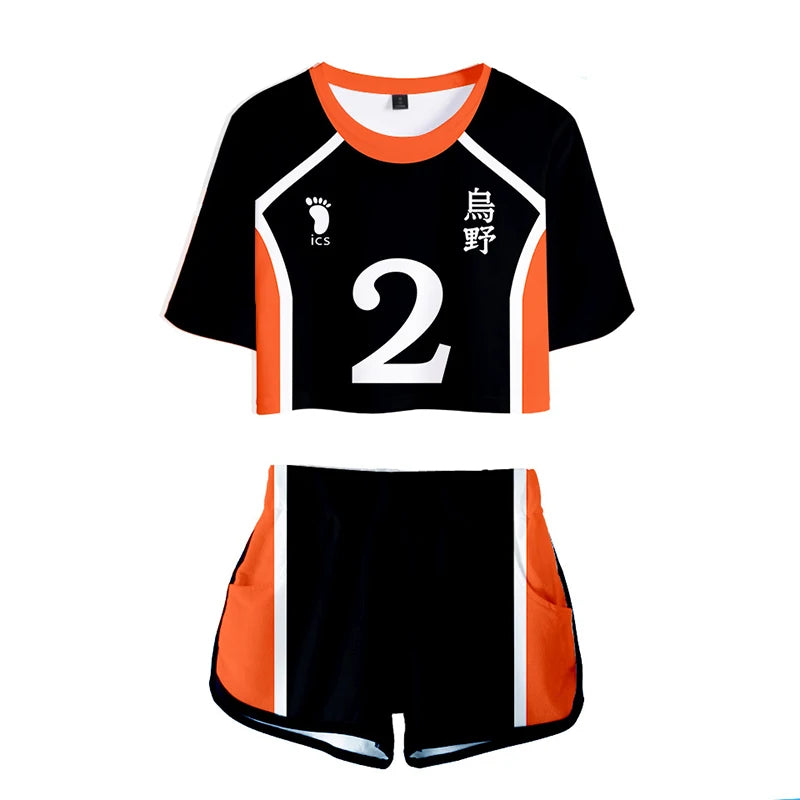 Karasuno Koukou Cosplay Costume Summer Girls Cheerleading Uniform Women Anime Crop Top Short-sleeved T-shirt Shorts
