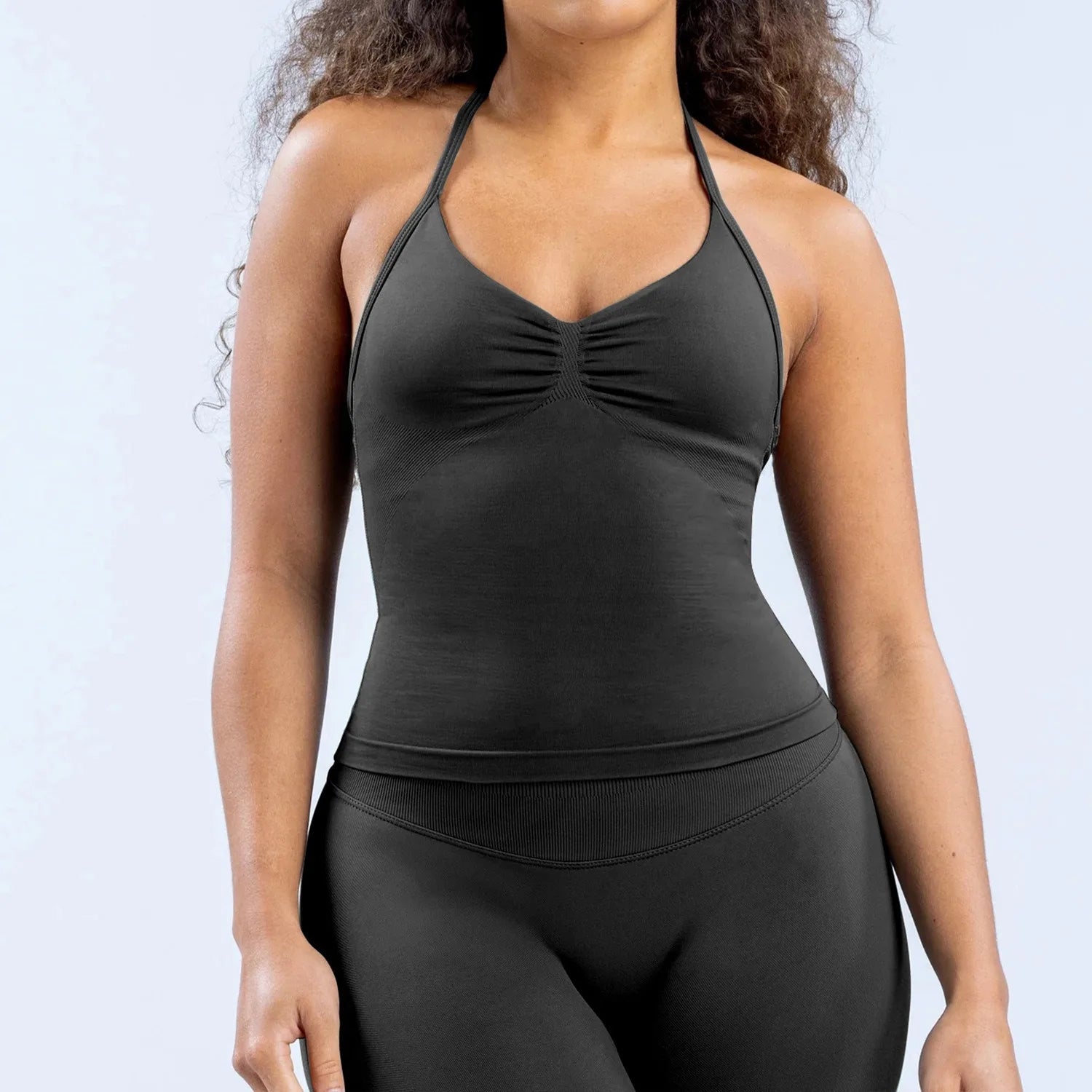 Women's Halter Neck Yoga Tank Top, Front Ruched Seamless Sports Bra Short Top, High-Elastic Soft Nylon Spandex Fitness Wear, Slim-Fit Sleeveless Running Training Fitness Tank Top