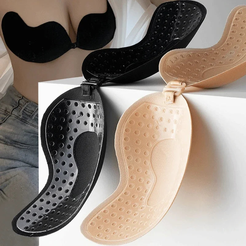 Reusable Adhesive Nipple Covers A-D Cups, Silicone Padded Push-Up Strapless Bra Stick-On Lingerie for Wedding Dresses